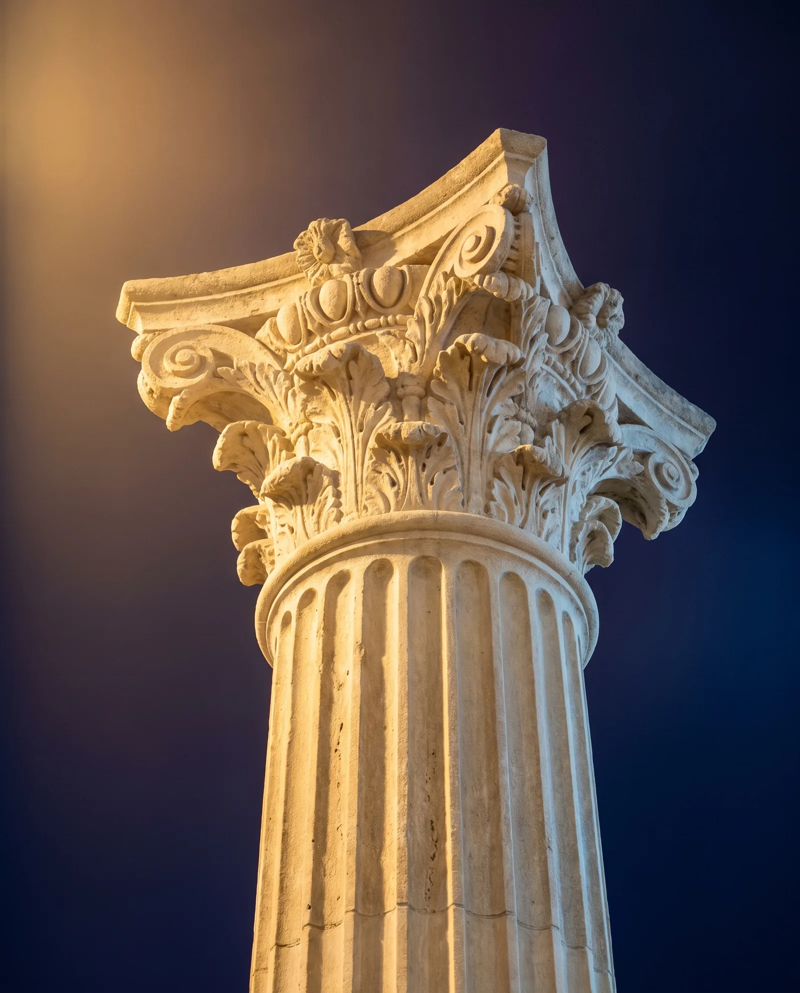 The capital of a fluted Indiana limestone column against an evening sky