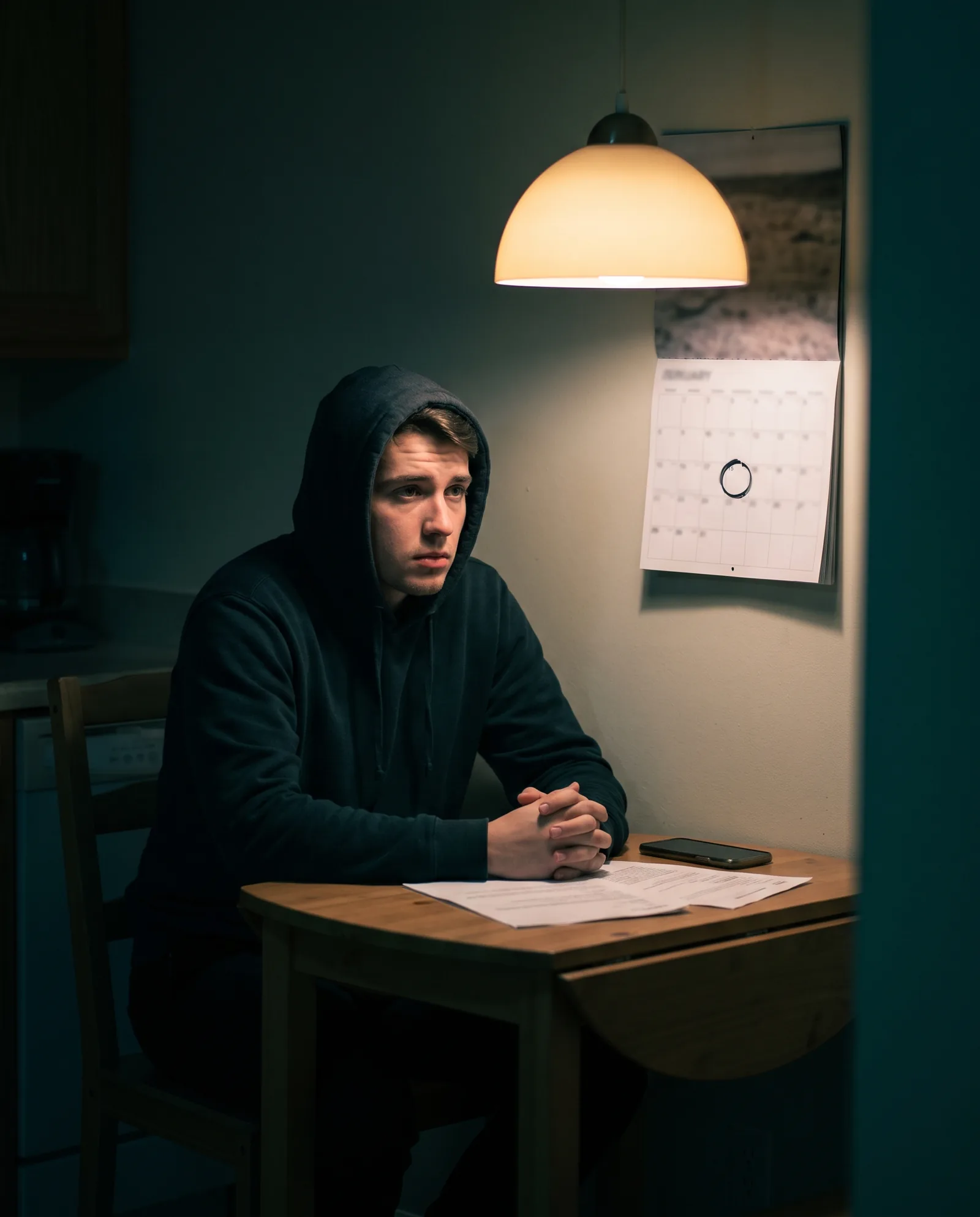 A young man at a small kitchen table at night under a lamp, papers in front of him, looking at a calendar with one day circled