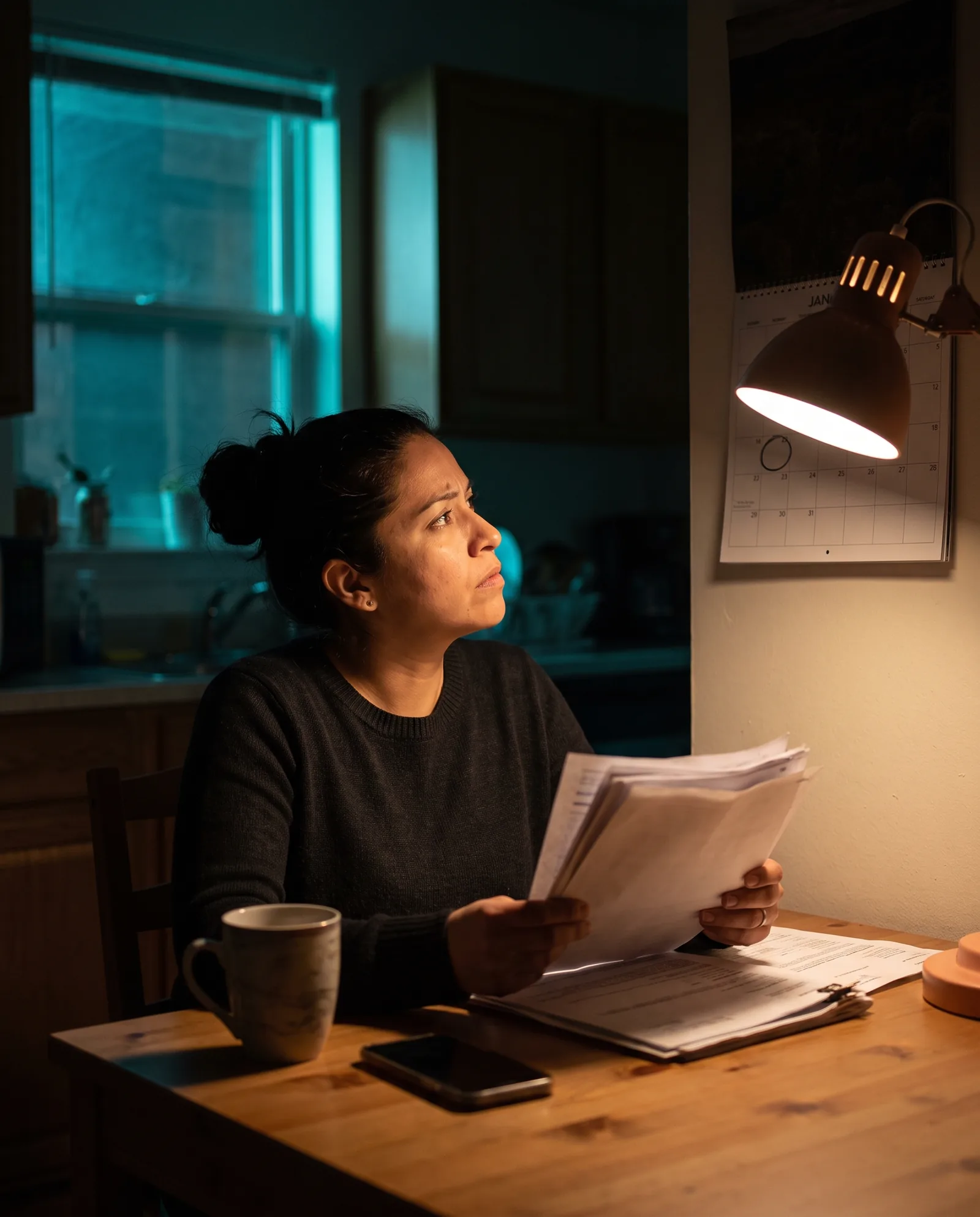 A woman at her kitchen table at night under a lamp, papers in hand, looking up at a calendar