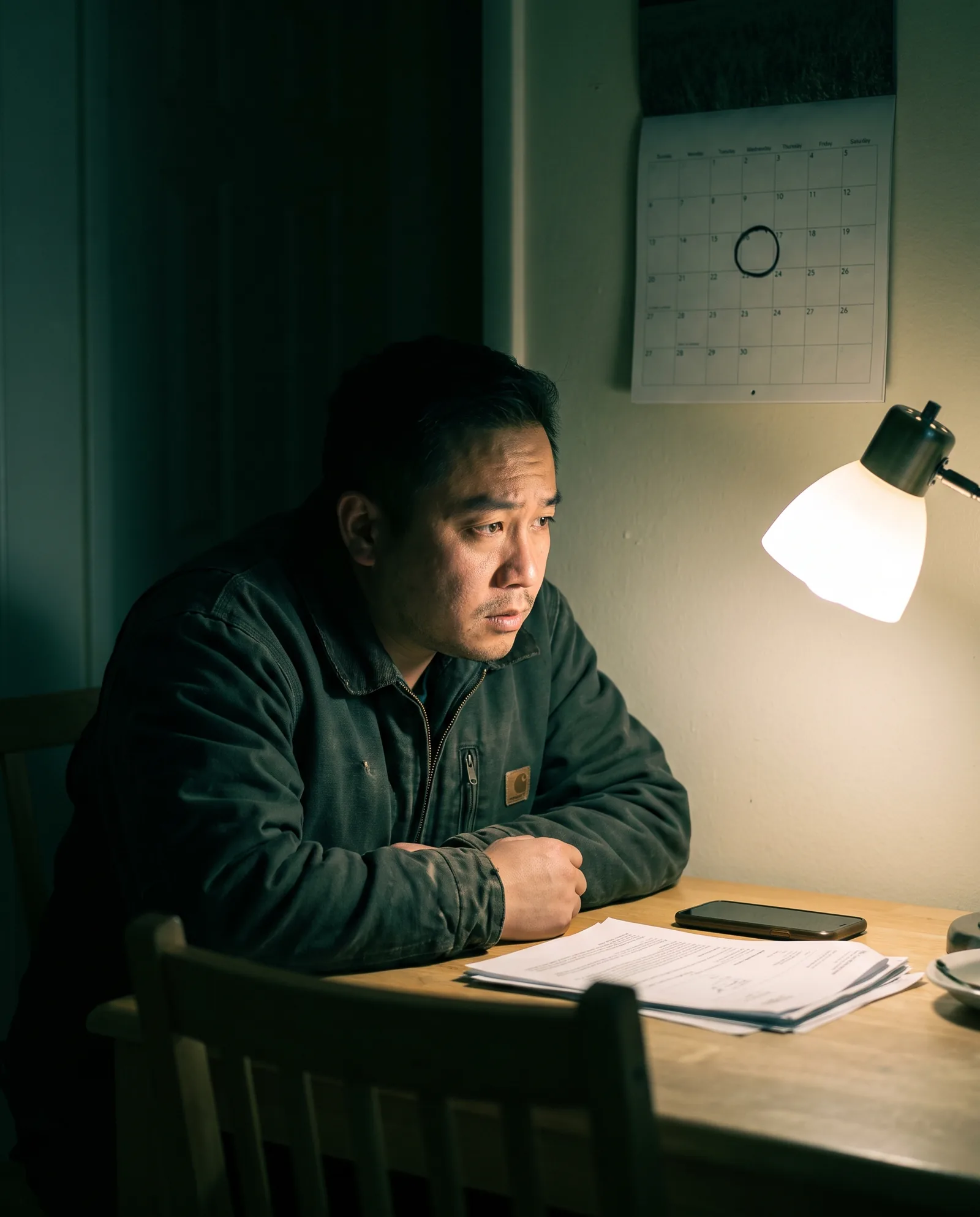A man in a work jacket at a small table at night beside a lamp, court papers in front of him, a calendar on the wall