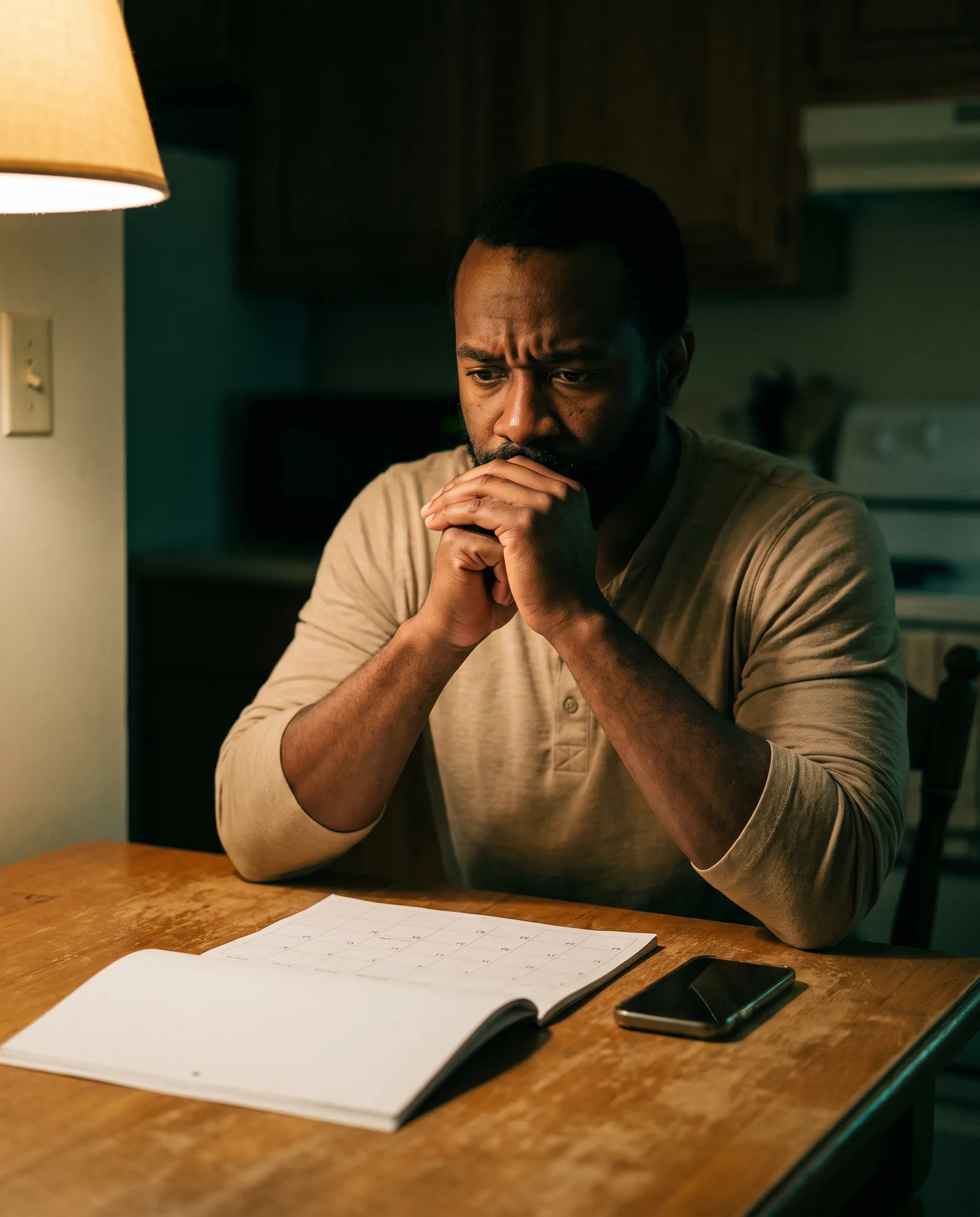A man at his kitchen table at night, hands clasped, looking at a calendar