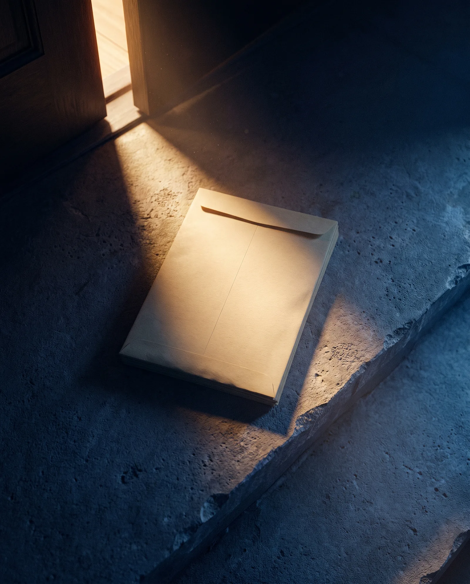 A sealed manila envelope on a limestone doorstep, lit by an open door