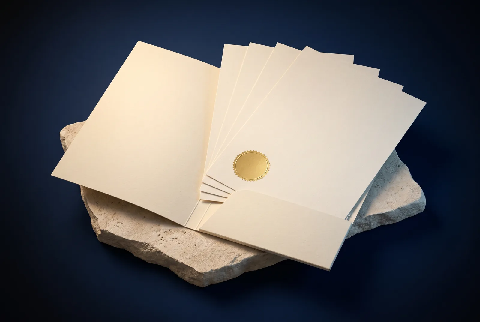 An open cream folder with five documents fanned out, the top one bearing a gold seal, on limestone