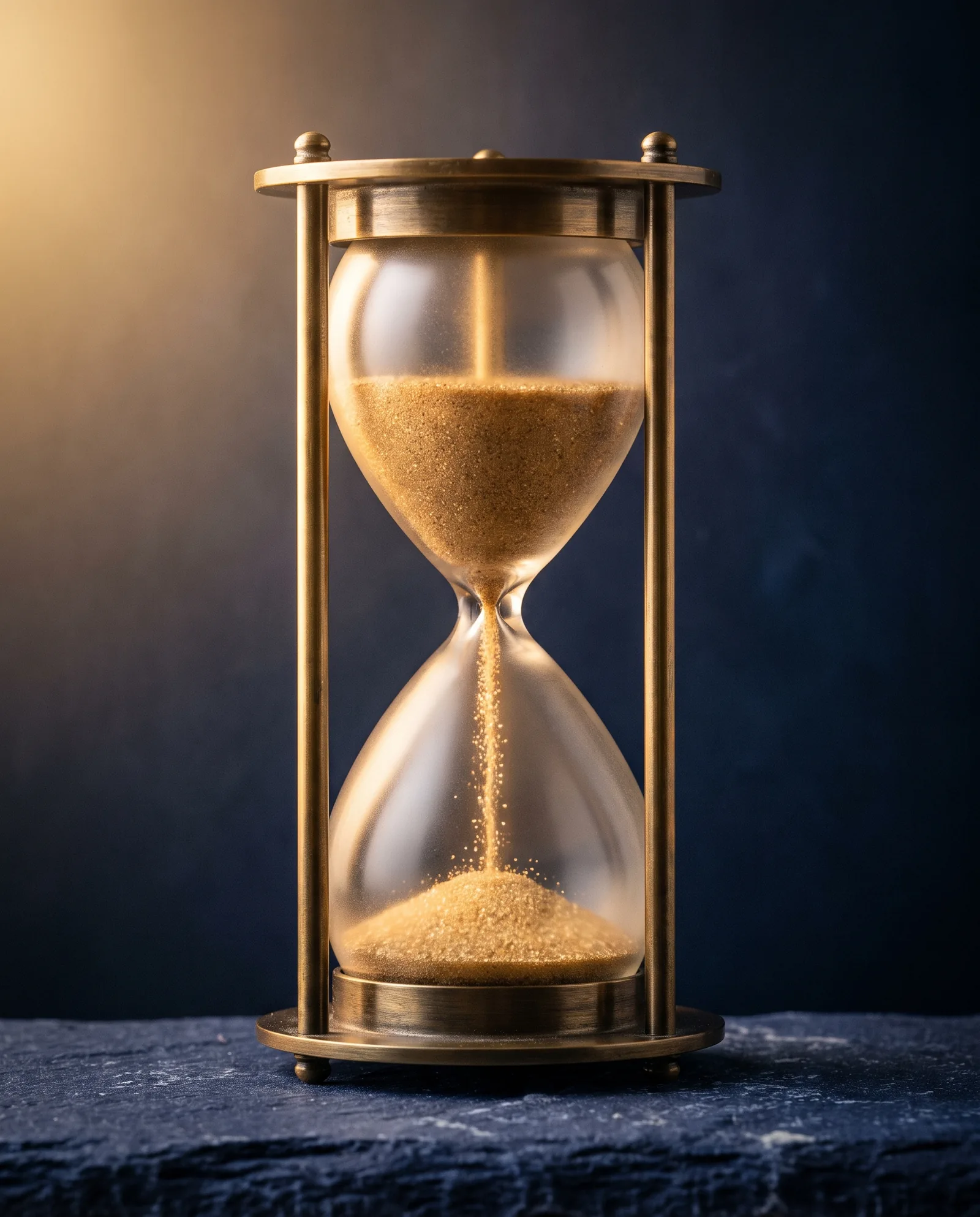 A brass hourglass with gold sand running, on dark slate