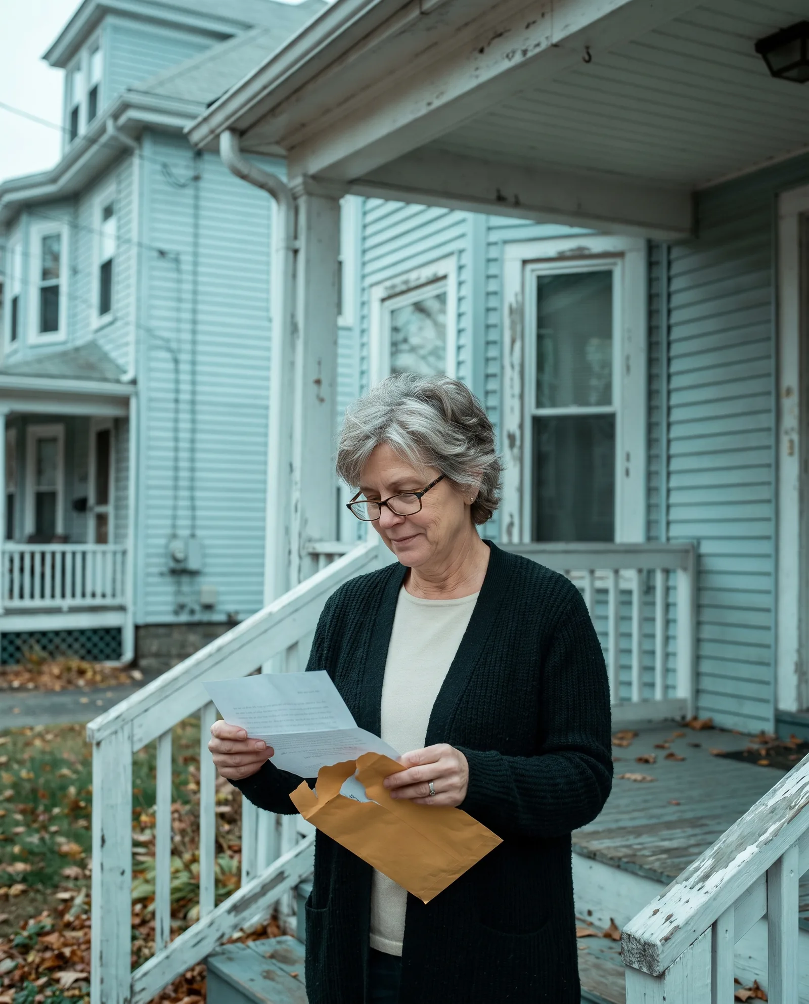 A woman on the porch of a pale-blue triple-decker house reading a letter she has just opened, calm