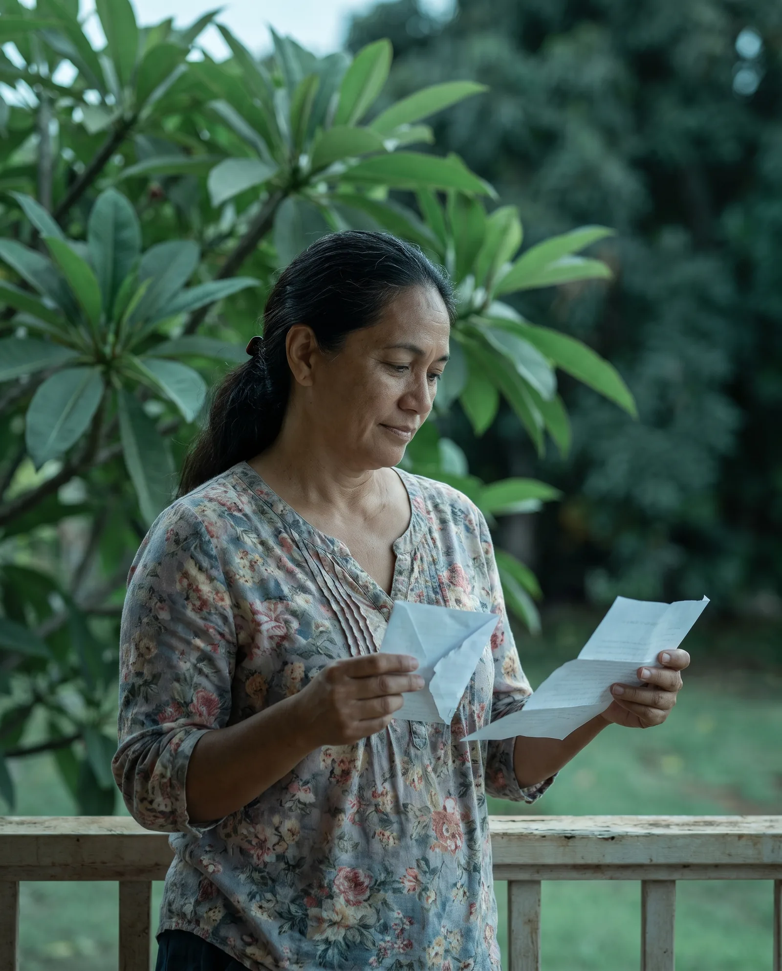A Hawaiian woman on the lanai of a plantation-style house, plumeria leaves behind her, reading a letter she has just opened, calm