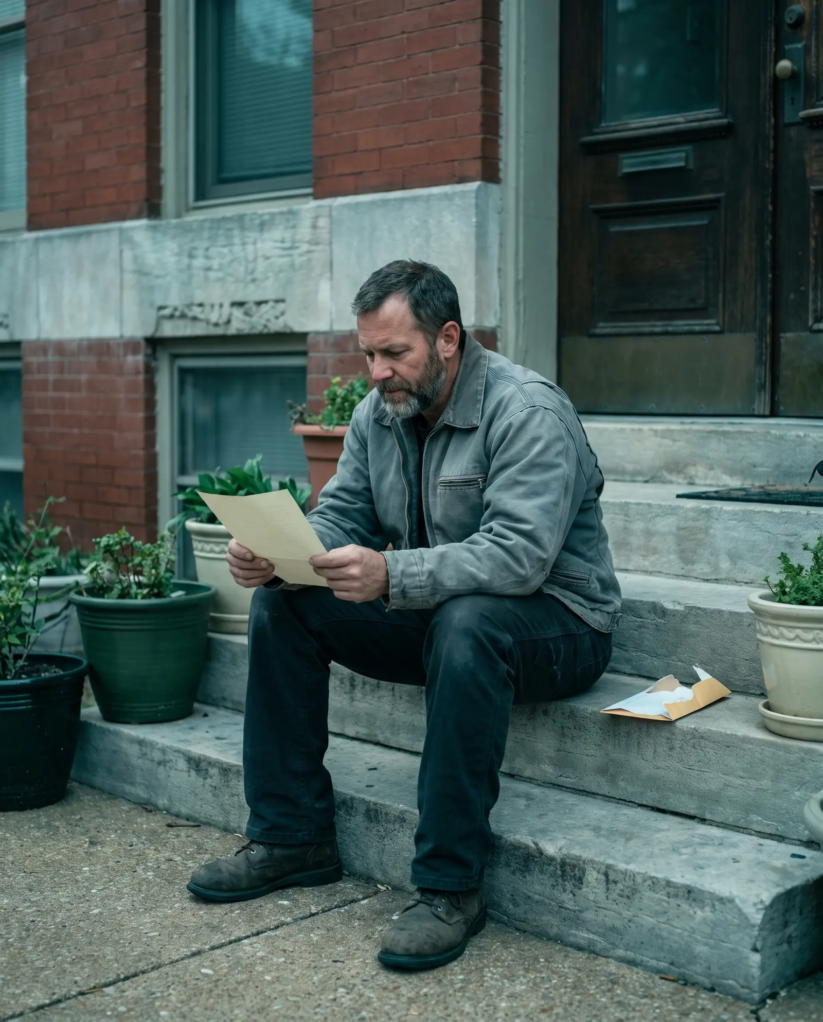 A man on the front steps of a brick house reading a letter he has just opened, calm