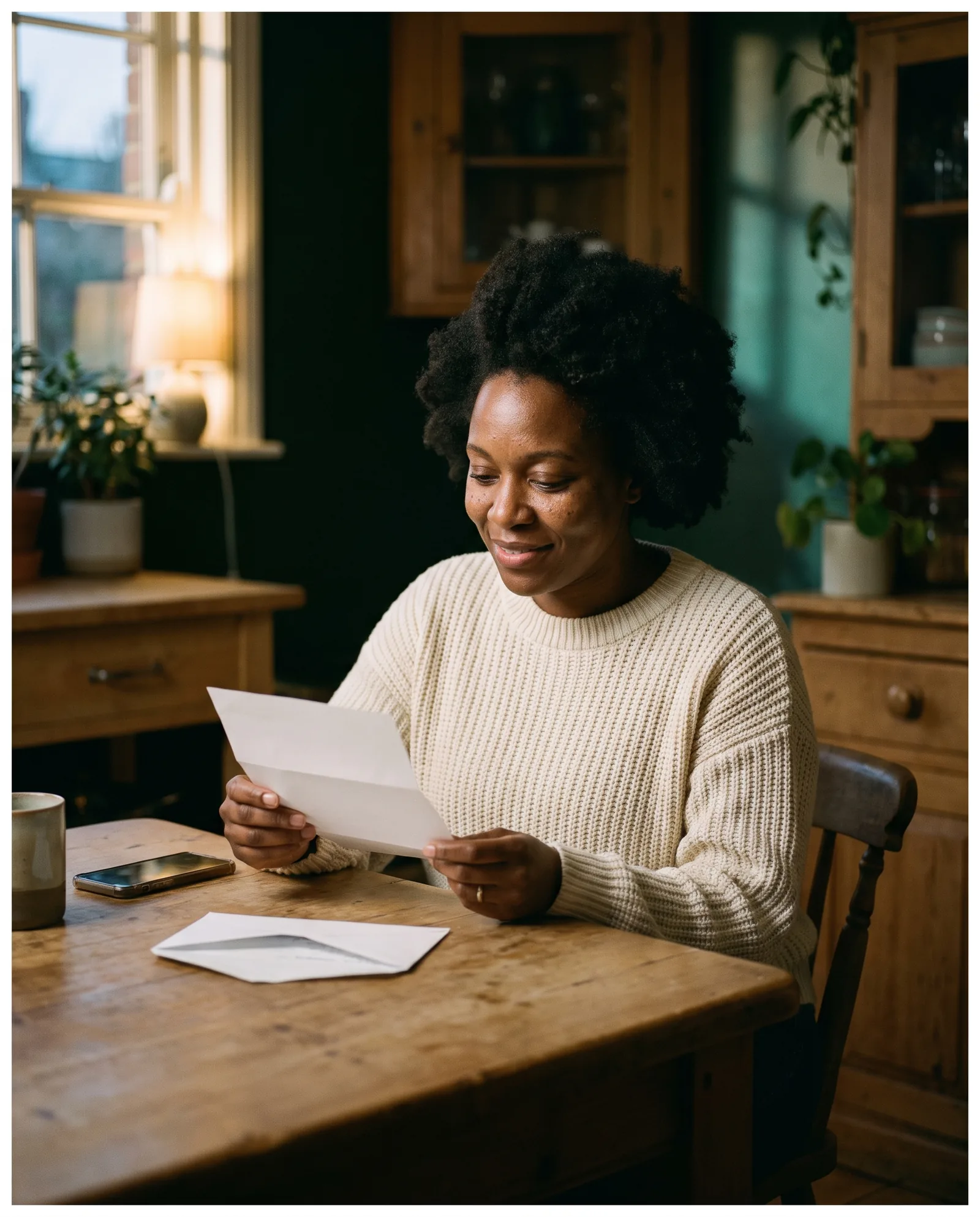 A woman at her kitchen table reading a letter she has just opened, calm
