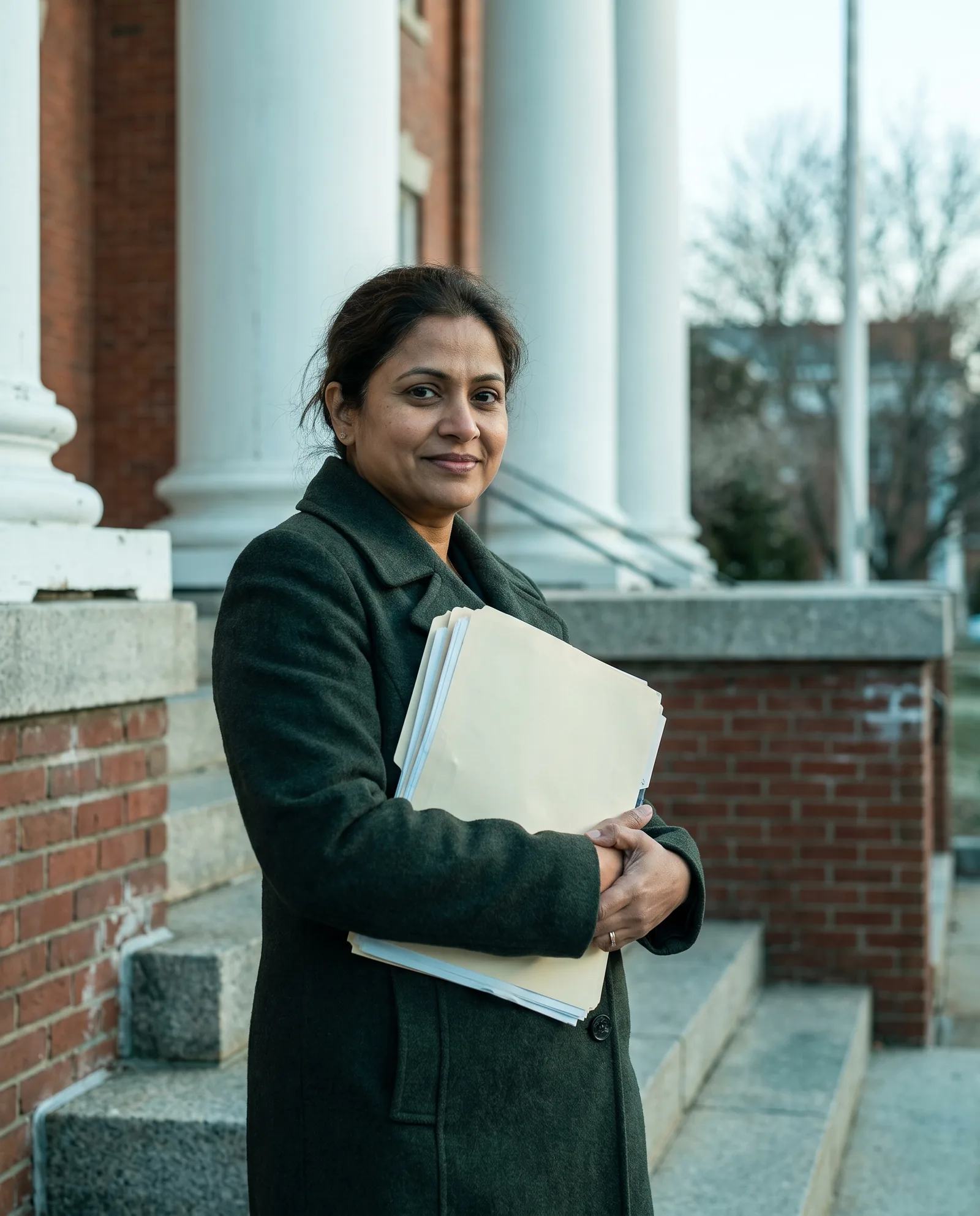A woman in a dark coat on the granite steps of a white-columned courthouse holding a folder of documents, calm and confident