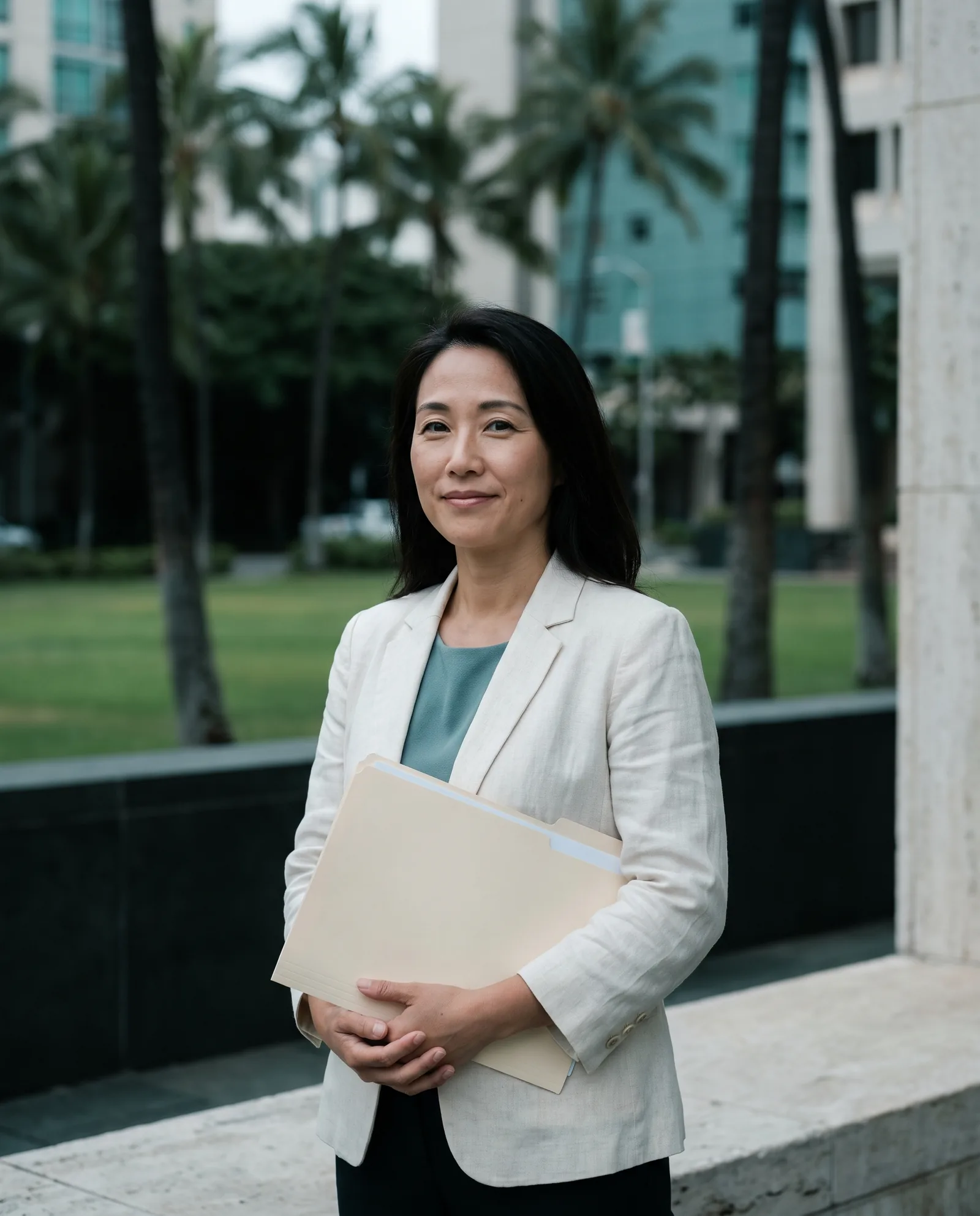 A woman in a linen blazer outside a civic building in Honolulu, palms behind her, holding a folder of documents, calm and confident