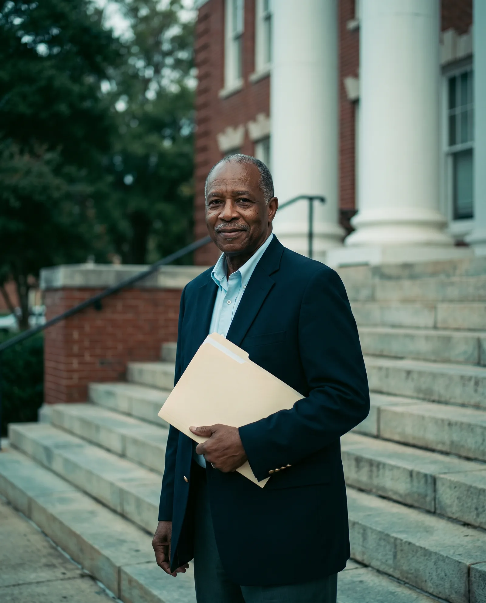 A man in a sport coat on the steps of a courthouse holding a folder of documents, calm and confident