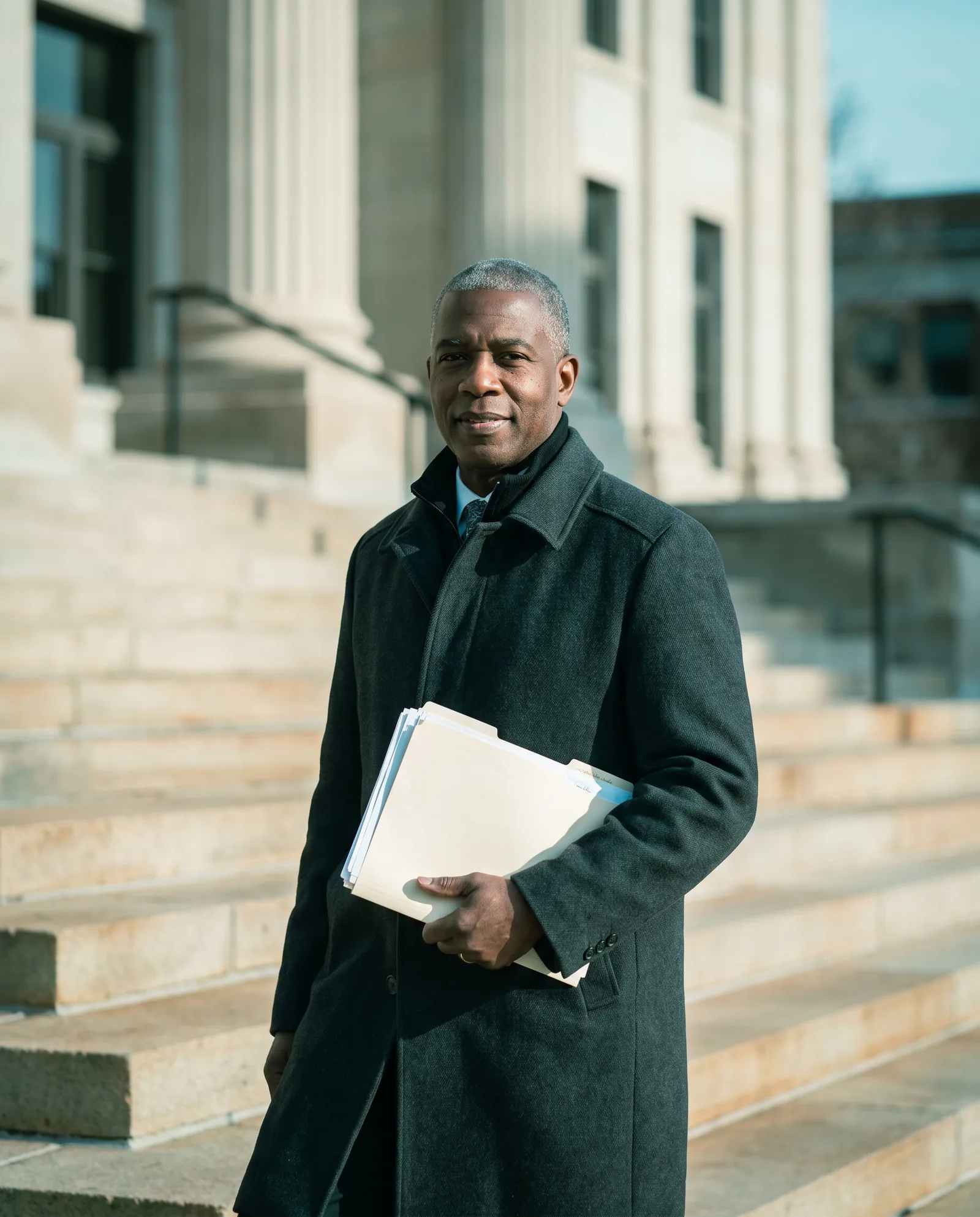 A man in a charcoal overcoat on the sandstone steps of a columned courthouse, holding a folder of documents, calm and confident