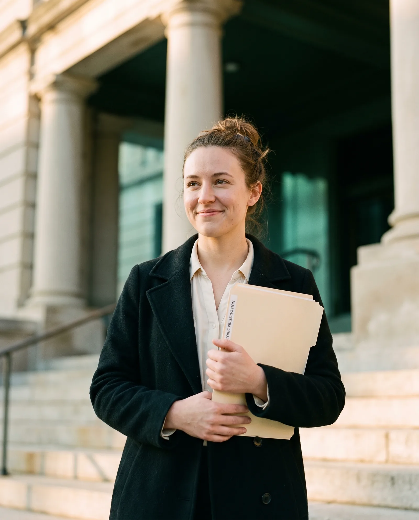A woman on the limestone steps of a courthouse holding a folder of documents, calm and confident