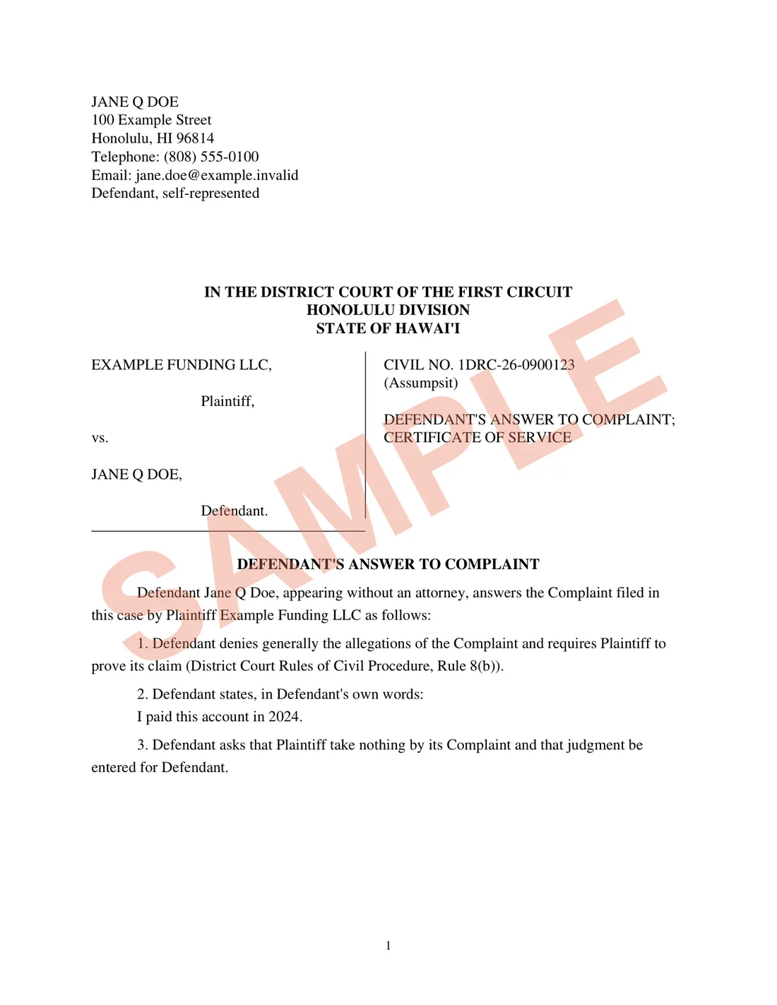 Page one of a Hawaiʻi District Court answer prepared by MyCivilHelp for a fictitious defendant, watermarked SAMPLE