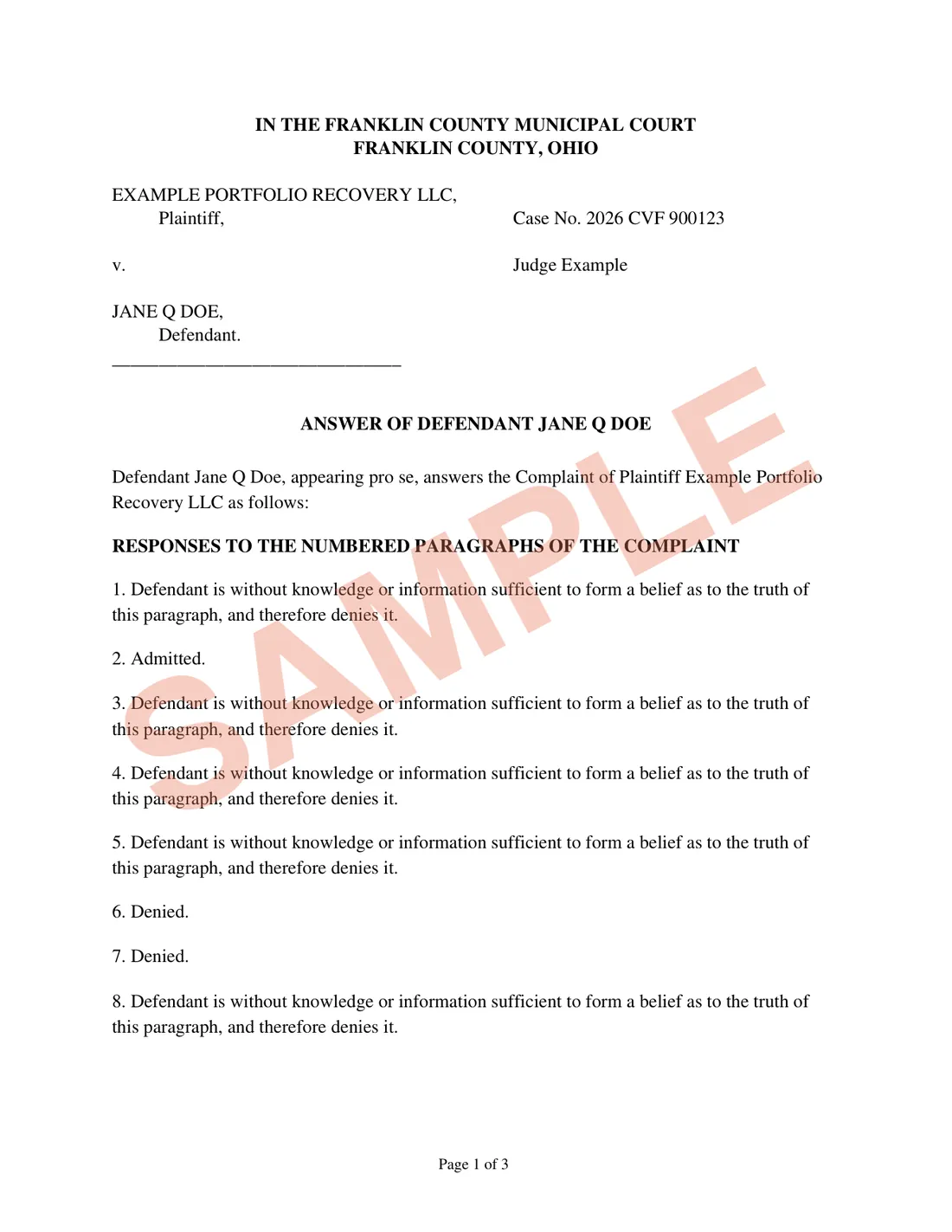 Page one of a sample Ohio Answer prepared by MyCivilHelp for a fictitious defendant, watermarked SAMPLE