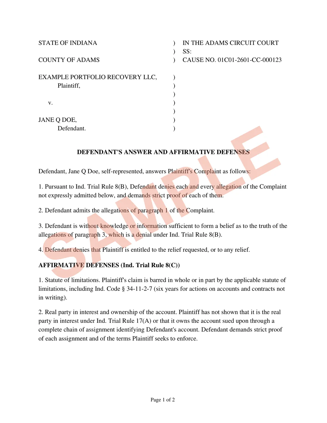 Page one of a sample Answer prepared by MyCivilHelp for a fictitious defendant, watermarked SAMPLE
