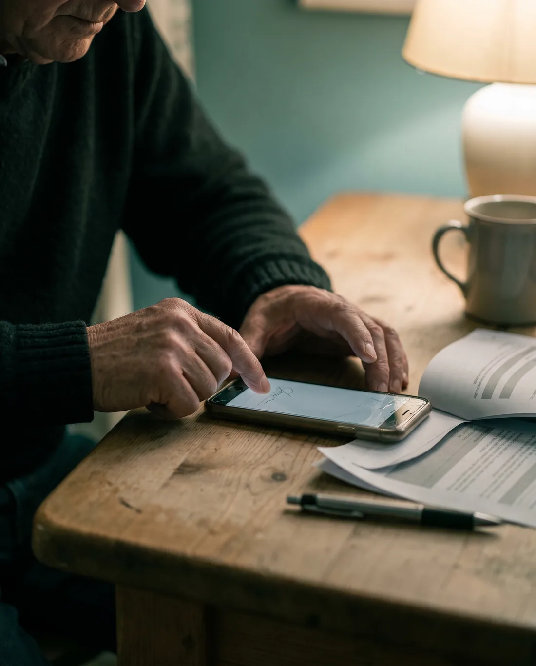 An older man at a wooden table signing a document on his phone with one finger